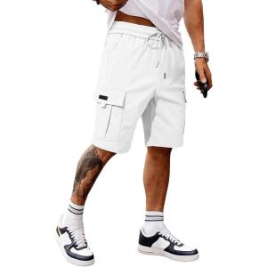 imageJMIERR Mens Casual Stretch Cargo Shorts Classic Drawstring Elastic Waist Summer Work Short with Multi PocketsWhite