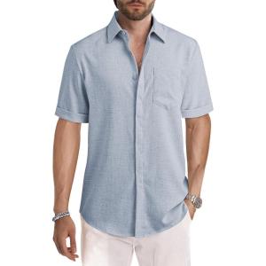 imageJMIERR Mens Casual Stylish Short Sleeve ButtonUp Striped Dress Shirts Cotton Beach ShirtZ Beau Blue