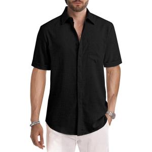 imageJMIERR Mens Casual Stylish Short Sleeve ButtonUp Striped Dress Shirts Cotton Beach ShirtZ Black