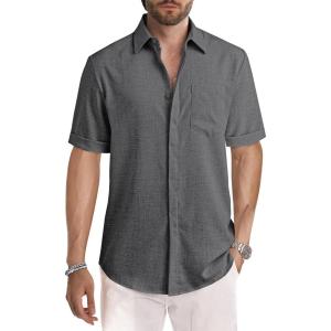imageJMIERR Mens Casual Stylish Short Sleeve ButtonUp Striped Dress Shirts Cotton Beach ShirtZ Medium Grey