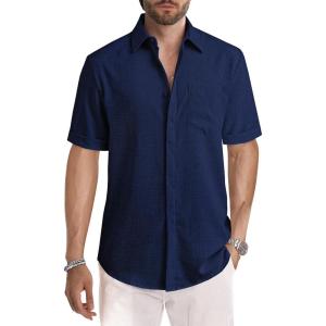 imageJMIERR Mens Casual Stylish Short Sleeve ButtonUp Striped Dress Shirts Cotton Beach ShirtZ Navy Blue