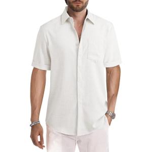 imageJMIERR Mens Casual Stylish Short Sleeve ButtonUp Striped Dress Shirts Cotton Beach ShirtZ White