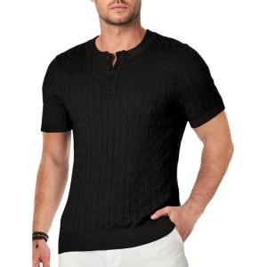 imageJMIERR Mens Knit Henley Shirts Casual Short Sleeve Button TShirt Cable Knitted Polo Shirts Golf ShirtBlack