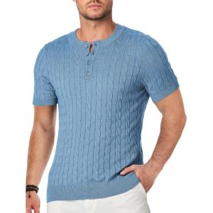 imageJMIERR Mens Knit Henley Shirts Casual Short Sleeve Button TShirt Cable Knitted Polo Shirts Golf ShirtBlue