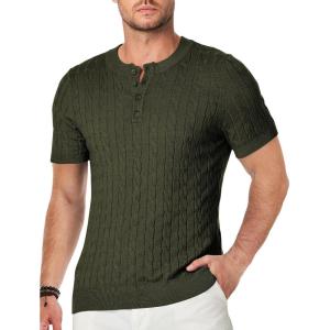 imageJMIERR Mens Knit Henley Shirts Casual Short Sleeve Button TShirt Cable Knitted Polo Shirts Golf ShirtGreen