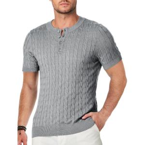 imageJMIERR Mens Knit Henley Shirts Casual Short Sleeve Button TShirt Cable Knitted Polo Shirts Golf ShirtGrey
