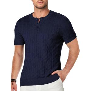 imageJMIERR Mens Knit Henley Shirts Casual Short Sleeve Button TShirt Cable Knitted Polo Shirts Golf ShirtNavy Blue