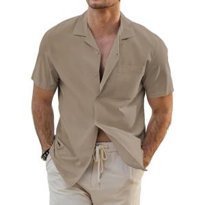 imageJMIERR Mens Linen Shirts Casual Short Sleeve Button Down Shirts Wrinkle Free Vacation Beach Summer TopsBrown