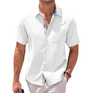 imageJMIERR Mens Linen Shirts Short Sleeve Summer Button Down Casual Beach Hawaiian Shirt with PocketAlabaster White