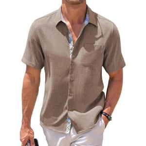 imageJMIERR Mens Linen Shirts Short Sleeve Summer Button Down Casual Beach Hawaiian Shirt with PocketBrown