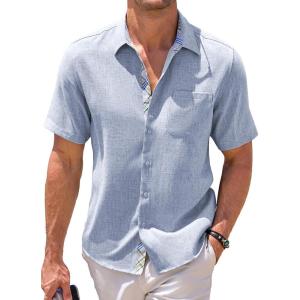 imageJMIERR Mens Linen Shirts Short Sleeve Summer Button Down Casual Beach Hawaiian Shirt with PocketLight Blue