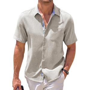 imageJMIERR Mens Linen Shirts Short Sleeve Summer Button Down Casual Beach Hawaiian Shirt with PocketLight Grey
