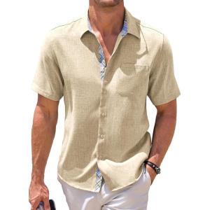 imageJMIERR Mens Linen Shirts Short Sleeve Summer Button Down Casual Beach Hawaiian Shirt with PocketLight Khaki