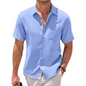 imageJMIERR Mens Linen Shirts Short Sleeve Summer Button Down Casual Beach Hawaiian Shirt with PocketSky Blue