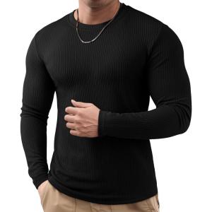 imageJMIERR Mens Long Sleeve Muscle T Shirts Casual Crewneck Knitted Longline Textured Tee Shirts for Gym WorkoutBlack