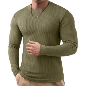 imageJMIERR Mens Long Sleeve Muscle T Shirts Casual Crewneck Knitted Longline Textured Tee Shirts for Gym WorkoutGreen
