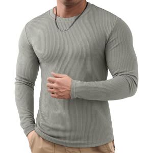 imageJMIERR Mens Long Sleeve Muscle T Shirts Casual Crewneck Knitted Longline Textured Tee Shirts for Gym WorkoutGrey