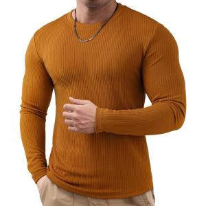 imageJMIERR Mens Long Sleeve Muscle T Shirts Casual Crewneck Knitted Longline Textured Tee Shirts for Gym WorkoutKhaki
