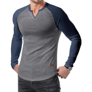 imageJMIERR Mens Long Sleeve Muscle T Shirts Casual VNeck Longline Ribbed Tee ShirtsT Grey  Blue