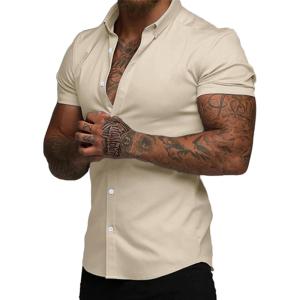 imageJMIERR Mens Muscle Fit Dress Shirts Summer Casual Button Down Short Sleeve High Stretch WrinkleFree ShirtD Beige
