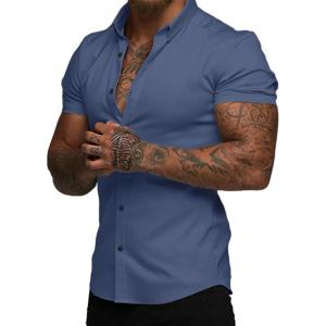 imageJMIERR Mens Muscle Fit Dress Shirts Summer Casual Button Down Short Sleeve High Stretch WrinkleFree ShirtD Blue