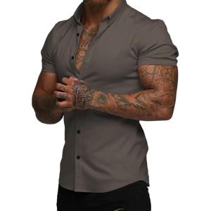 imageJMIERR Mens Muscle Fit Dress Shirts Summer Casual Button Down Short Sleeve High Stretch WrinkleFree ShirtE Brown