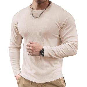imageJMIERR Mens Muscle Slim Fitted Lightweight T Shirts Ribbed AntiWrinkle Crewneck Gym Workout Long SleeveA Beige