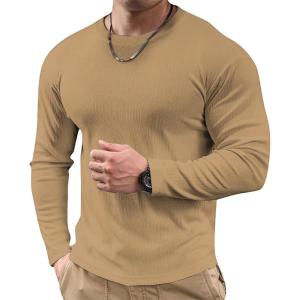 imageJMIERR Mens Muscle Slim Fitted Lightweight T Shirts Ribbed AntiWrinkle Crewneck Gym Workout Long SleeveB Brown