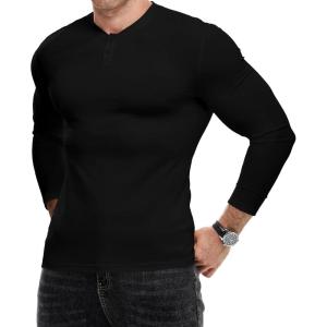 imageJMIERR Mens Muscle Slim Henley Shirt Button VNeck Long Sleeve Gym Workout Athletic T ShirtsBlack