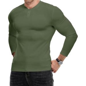 imageJMIERR Mens Muscle Slim Henley Shirt Button VNeck Long Sleeve Gym Workout Athletic T ShirtsGreen