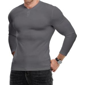 imageJMIERR Mens Muscle Slim Henley Shirt Button VNeck Long Sleeve Gym Workout Athletic T ShirtsGrey