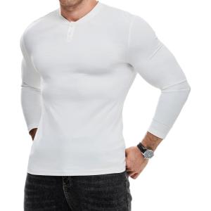 imageJMIERR Mens Muscle Slim Henley Shirt Button VNeck Long Sleeve Gym Workout Athletic T ShirtsWhite