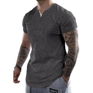imageJMIERR Mens Muscle Slim T Shirts Summer V Neck Gym Shirt Casual Cotton Workout Athletic Longline TeesB Dark Grey