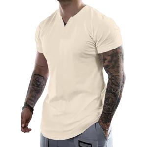imageJMIERR Mens Muscle Slim T Shirts Summer V Neck Gym Shirt Casual Cotton Workout Athletic Longline TeesE Beige