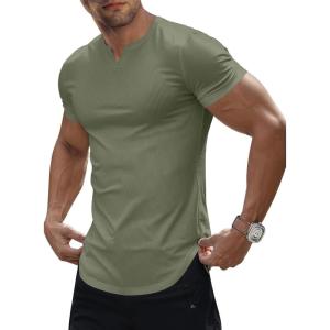 imageJMIERR Mens Muscle VNeck T Shirt Short Sleeve Longline Ribbed Henley Shirt Gym Workout Athletic Tee ShirtsArmy Green