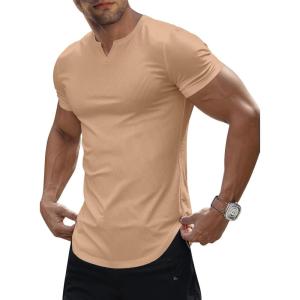 imageJMIERR Mens Muscle VNeck T Shirt Short Sleeve Longline Ribbed Henley Shirt Gym Workout Athletic Tee ShirtsKhaki