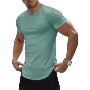 imageJMIERR Mens Muscle VNeck T Shirt Short Sleeve Longline Ribbed Henley Shirt Gym Workout Athletic Tee ShirtsMist Green