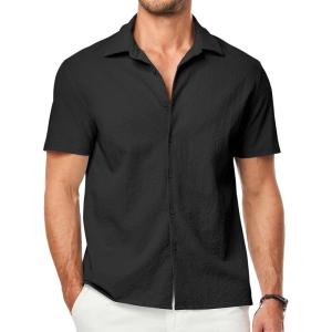 imageJMIERR Mens Seersucker Shirts Short Sleeve Casual Button Down Shirt Beach Summer Vacation Wedding TopsBlack