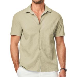 imageJMIERR Mens Seersucker Shirts Short Sleeve Casual Button Down Shirt Beach Summer Vacation Wedding TopsKhaki