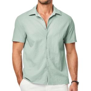 imageJMIERR Mens Seersucker Shirts Short Sleeve Casual Button Down Shirt Beach Summer Vacation Wedding TopsLight Green