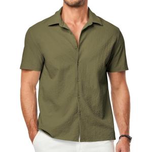 imageJMIERR Mens Seersucker Shirts Short Sleeve Casual Button Down Shirt Beach Summer Vacation Wedding TopsMoss Green