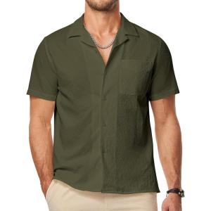 imageJMIERR Mens Seersucker Shirts Short Sleeve Casual Shirts Button Down Shirt Beach Summer Vacation Wedding ShirtJungle Green