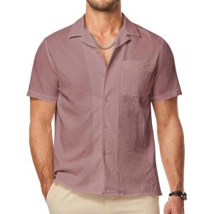 imageJMIERR Mens Seersucker Shirts Short Sleeve Casual Shirts Button Down Shirt Beach Summer Vacation Wedding ShirtRose