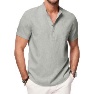 imageJMIERR Mens Short Sleeve Linen Henley Shirts Casual Button Down Shirt Summer Beach Wear with PocketLaurel Green