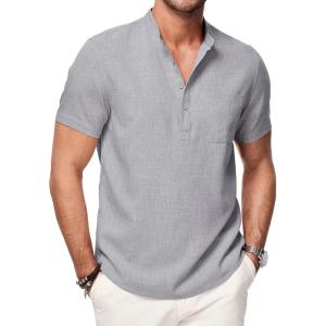 imageJMIERR Mens Short Sleeve Linen Henley Shirts Casual Button Down Shirt Summer Beach Wear with PocketLight Grey