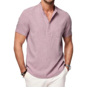 imageJMIERR Mens Short Sleeve Linen Henley Shirts Casual Button Down Shirt Summer Beach Wear with PocketLight Pink