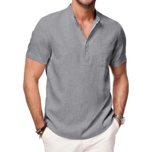 imageJMIERR Mens Short Sleeve Linen Henley Shirts Casual Button Down Shirt Summer Beach Wear with PocketMedium Grey