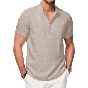 imageJMIERR Mens Short Sleeve Linen Henley Shirts Casual Button Down Shirt Summer Beach Wear with PocketParchment