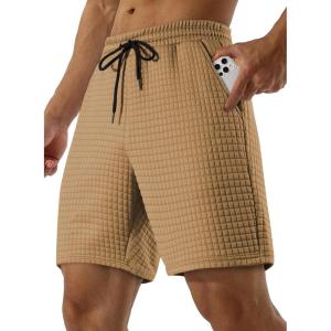 imageJMIERR Mens Sweat Shorts Casual Stretch Elastic Waist Waffle Workout Gym Short 7 inch Inseam Running Short with PocketLight French Beige