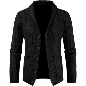imageJMIERR Mens Casual Wool Blend Long Sleeve Shawl Collar Buttons Down Cable Knit Cardigan Sweater1 Black